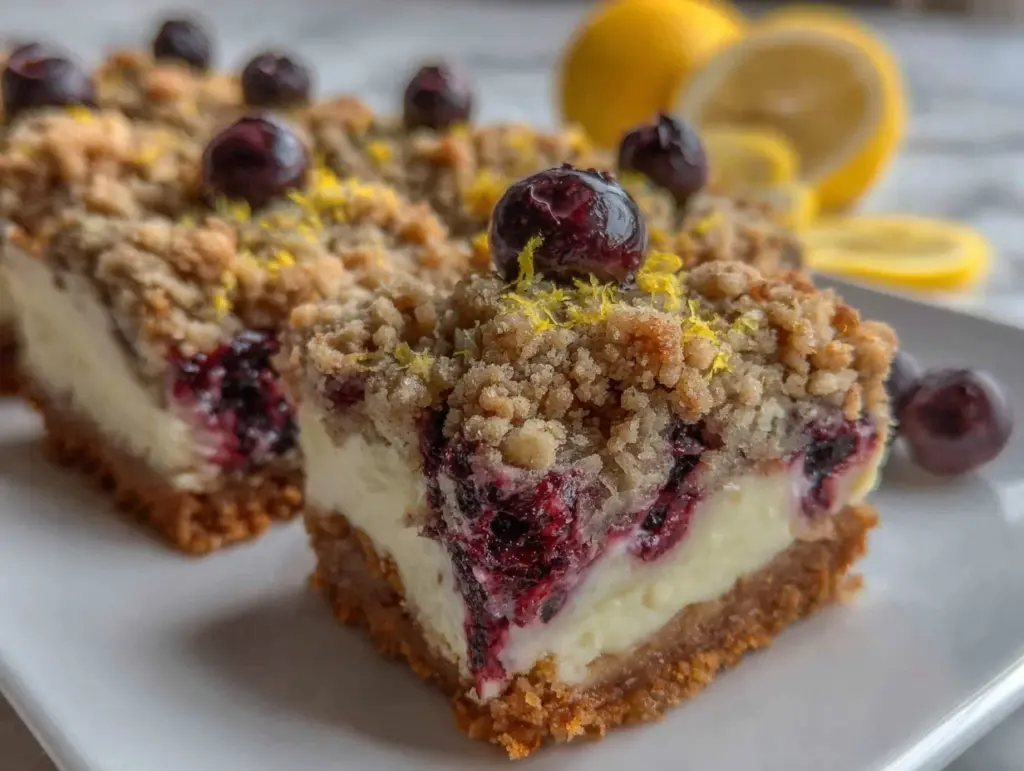 blueberry lemon crumble cheesecake bars - featured image