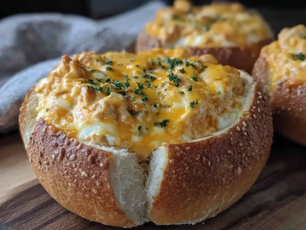 Buffalo chicken dip stuffed bread bowls preparation steps