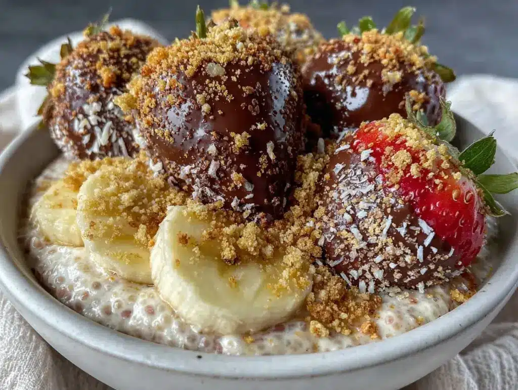 chocolate covered strawberries chia pudding bowl - featured image