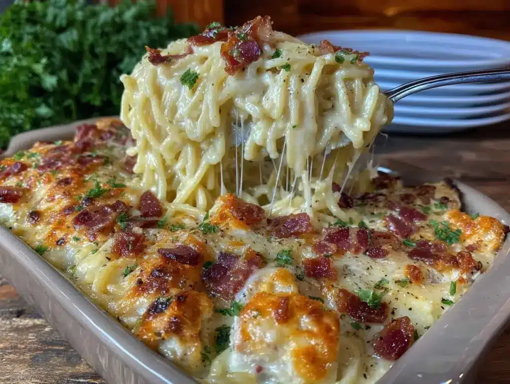 Creamy Chicken Bacon Ranch Baked Spaghetti Casserole - featured image
