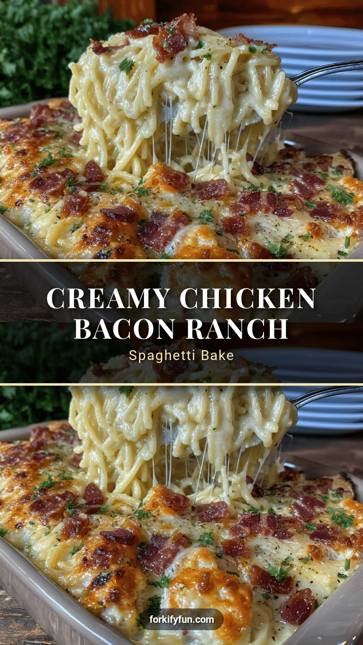 Creamy Chicken Bacon Ranch Baked Spaghetti Casserole recipe