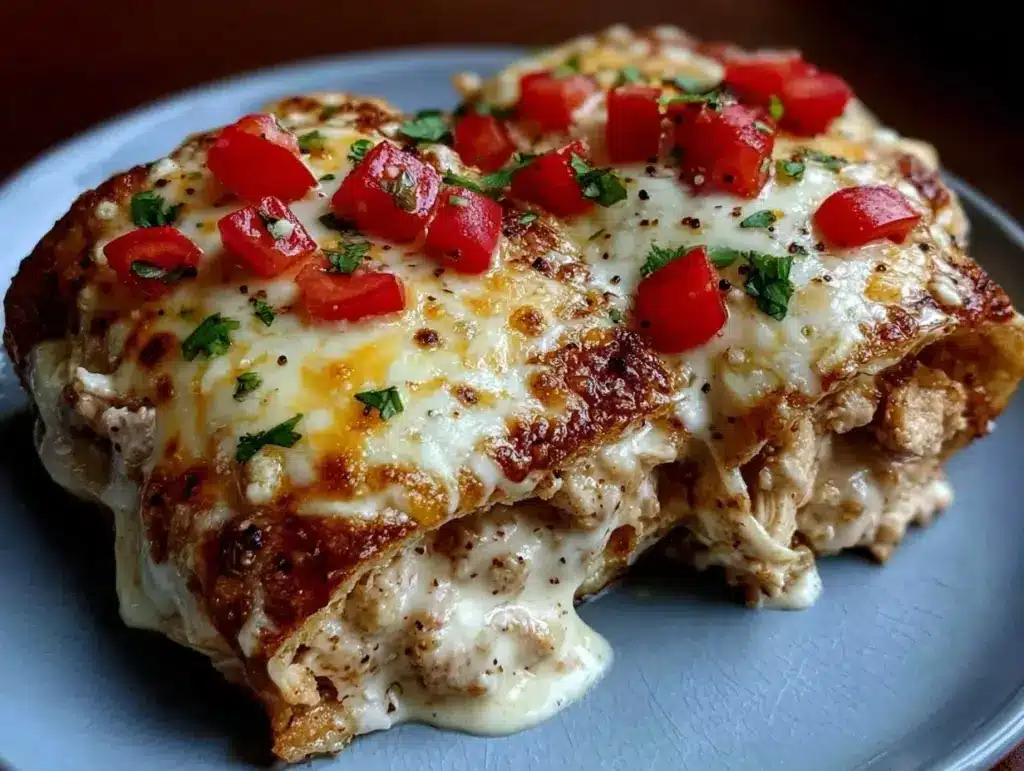 creamy jalapeño popper cheesy chicken enchilada casserole - featured image