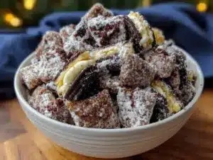 crispy cookies and cream puppy chow snack mix - featured image
