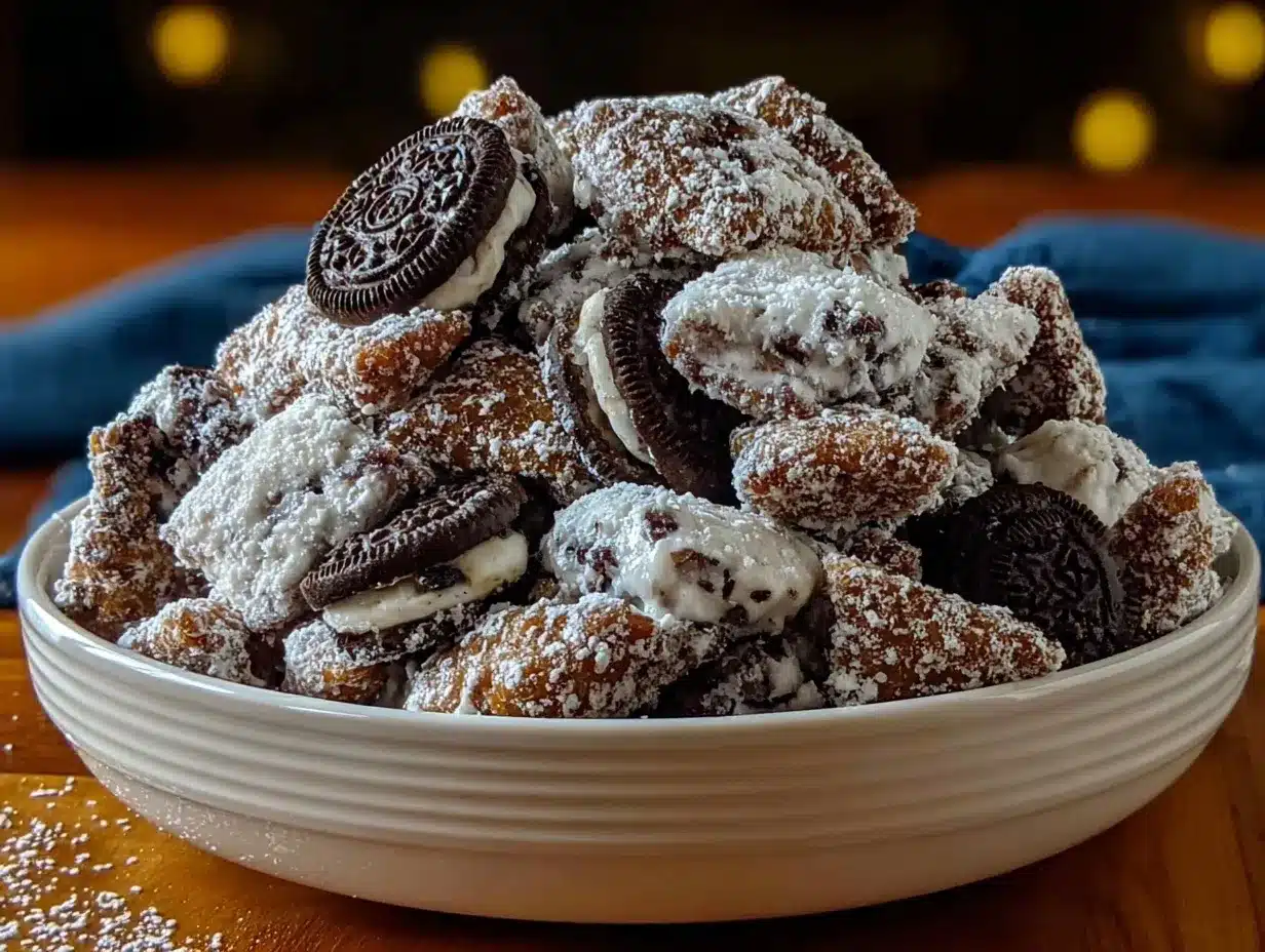 crispy cookies and cream puppy chow snack mix preparation steps