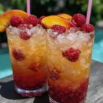 peach raspberry layered lemonade mocktail - featured image