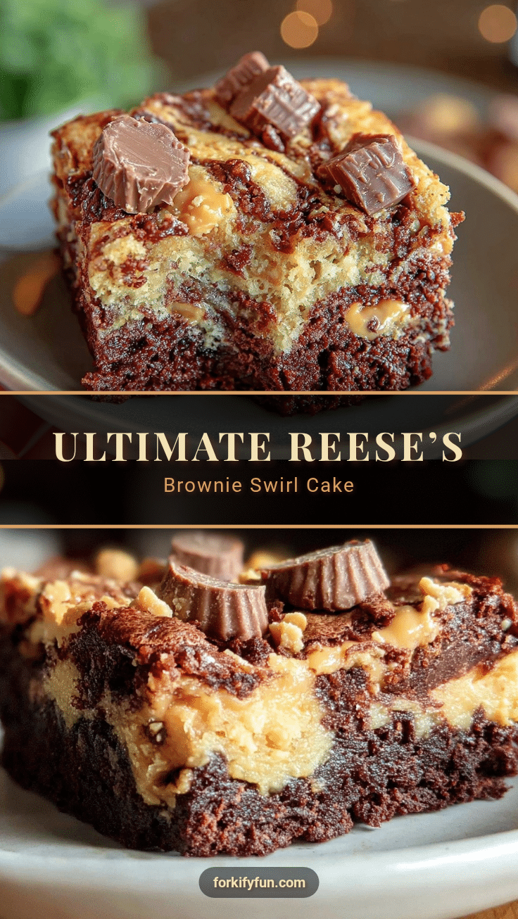 Reese’s Peanut Butter Cup Brownie Swirl Cake recipe