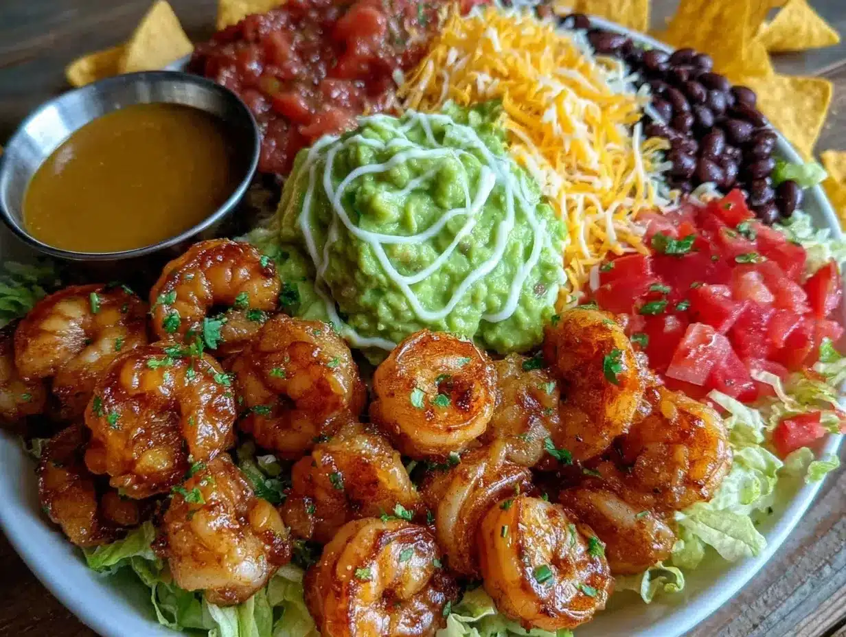 seven-layer party bowl with shrimp scampi preparation steps