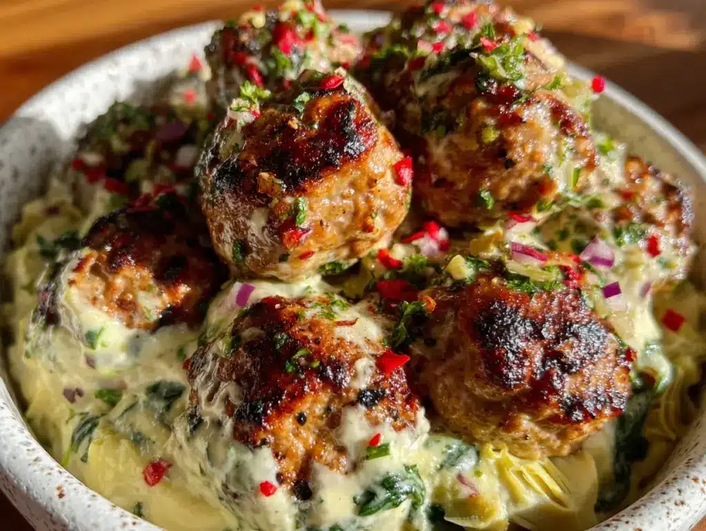 spinach artichoke turkey meatball bowl - featured image
