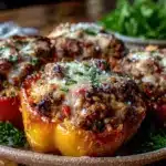 cheesy beef and rice stuffed peppers - featured image
