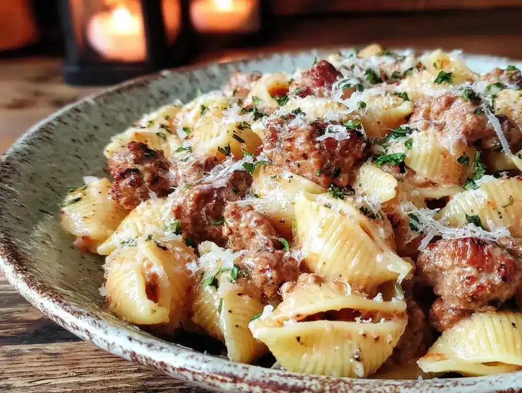 creamy beef and shells pasta - featured image