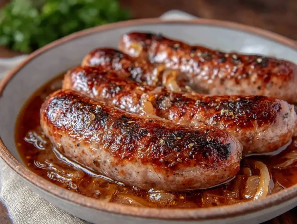 savory bratwurst in beer recipe - featured image