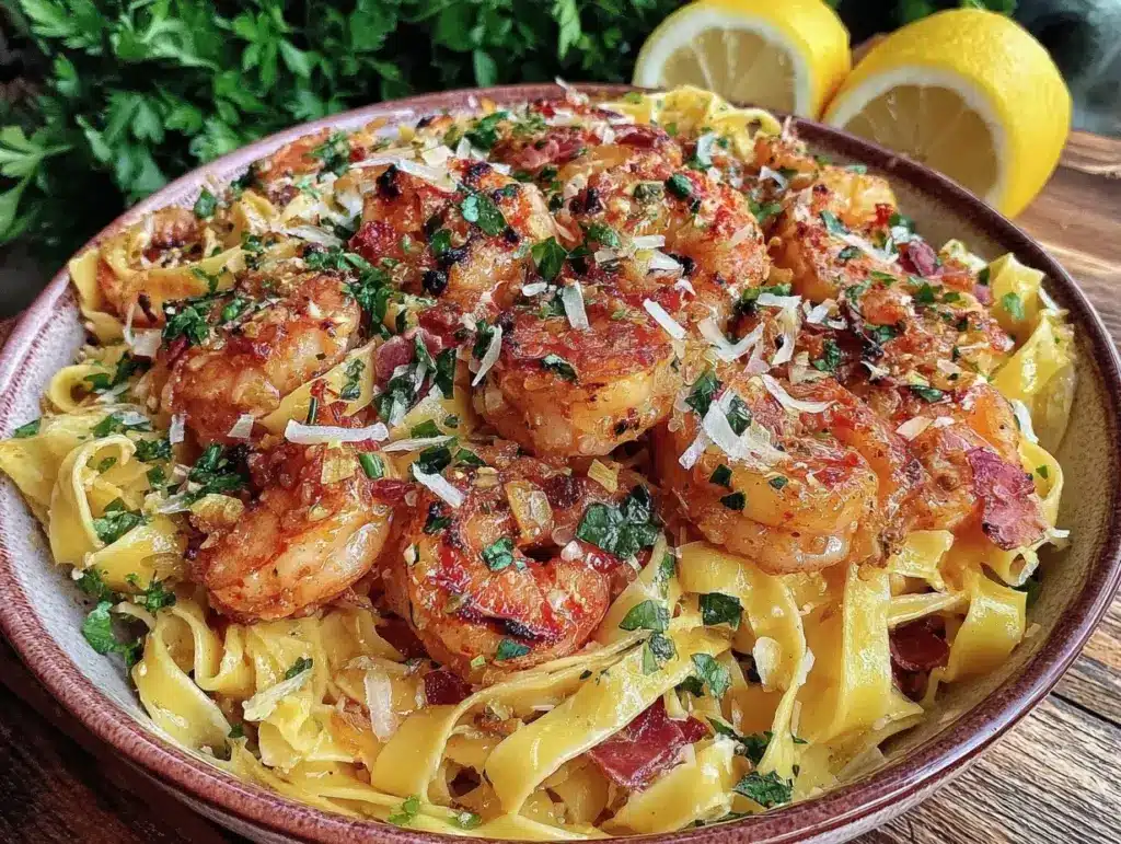 creamy garlic butter shrimp fettuccine - featured image