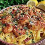 creamy garlic butter shrimp fettuccine - featured image