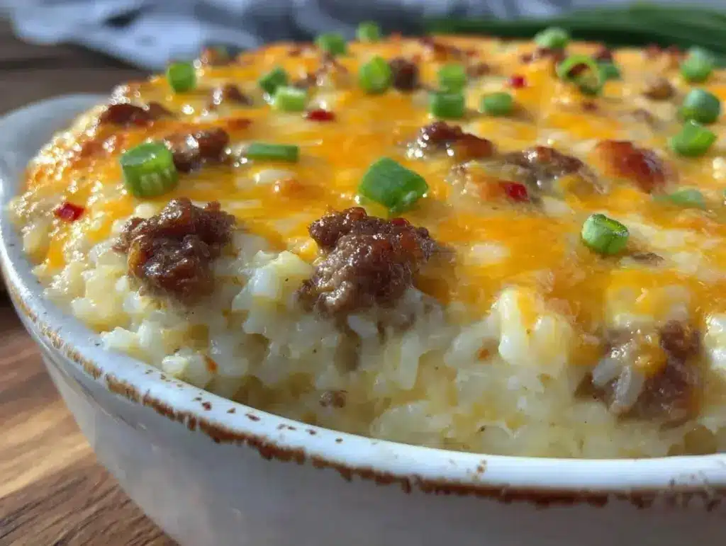 creamy one-pot cheesy beef and rice casserole - featured image