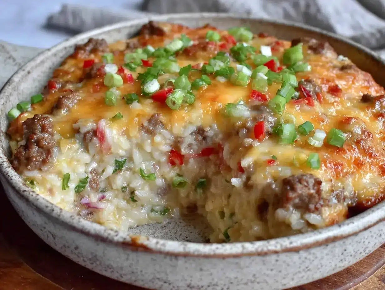 creamy one-pot cheesy beef and rice casserole preparation steps