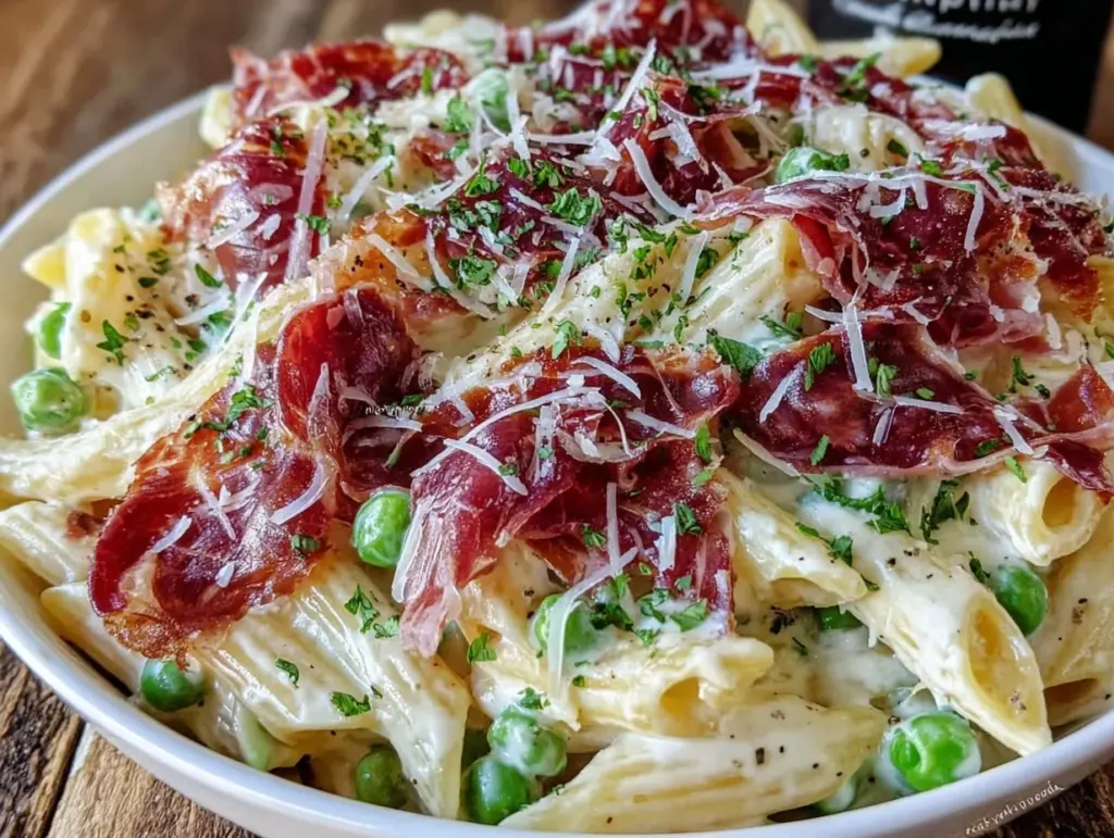 creamy pea and prosciutto penne pasta - featured image