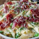 creamy pea and prosciutto penne pasta - featured image