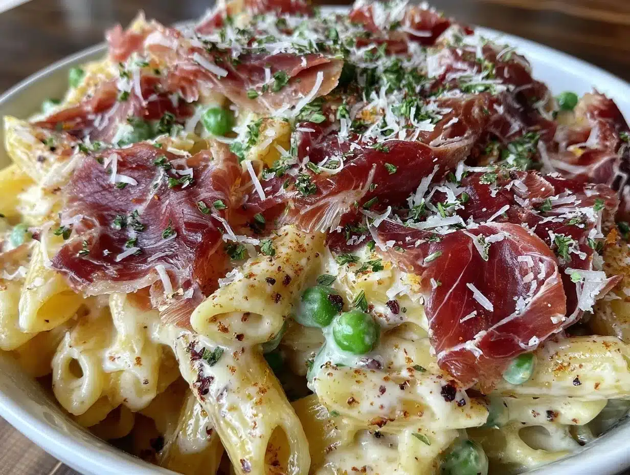 creamy pea and prosciutto penne pasta preparation steps