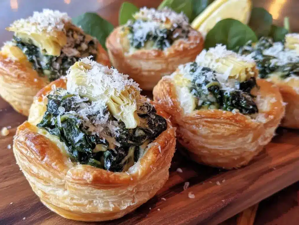 creamy spinach artichoke puff pastry cups - featured image