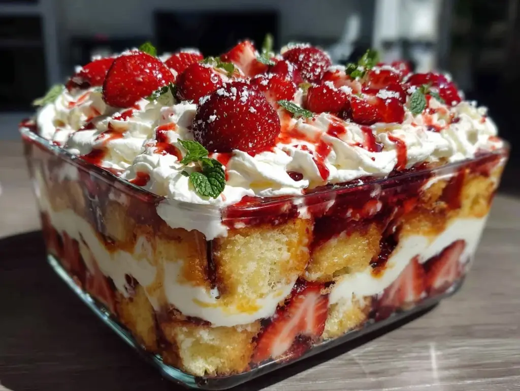 easy layered strawberry shortcake trifle - featured image