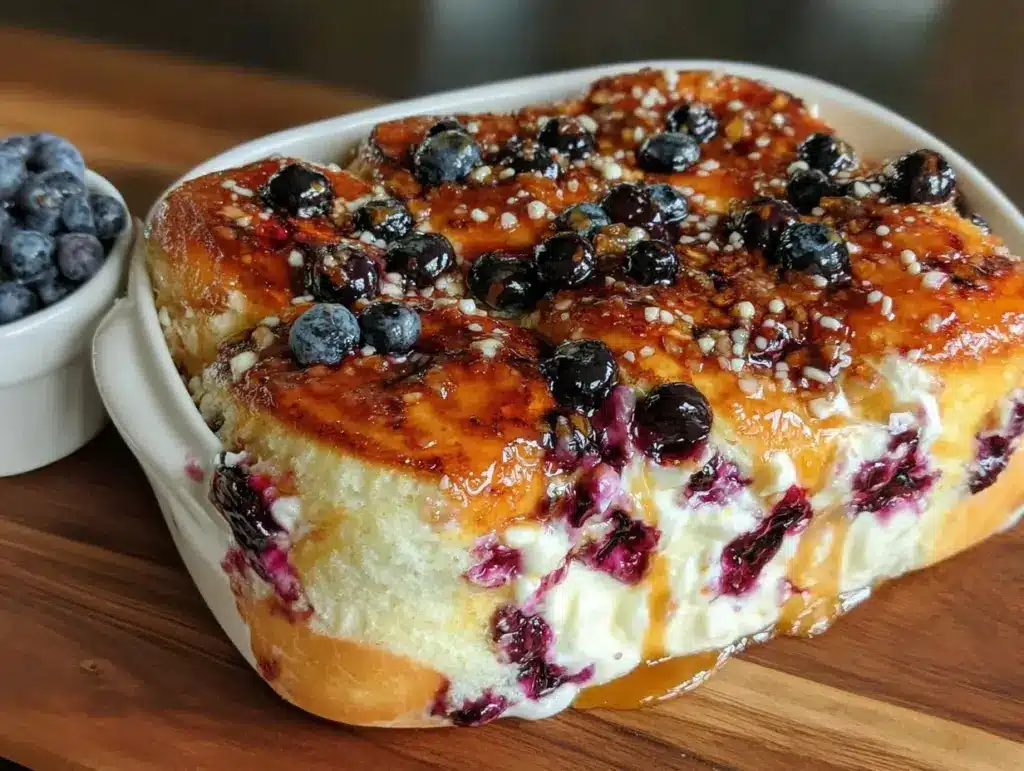 fluffy blueberry cream cheese stuffed pancake casserole - featured image