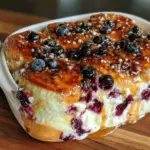 fluffy blueberry cream cheese stuffed pancake casserole - featured image