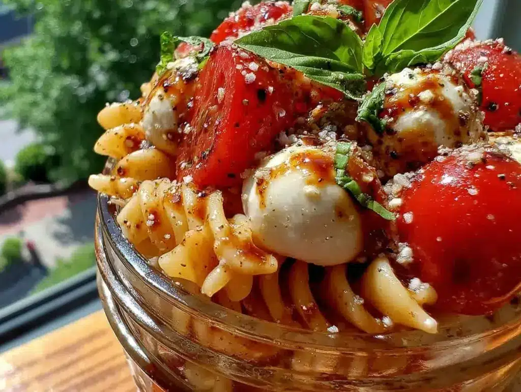 fresh caprese pasta salad jar meal prep - featured image