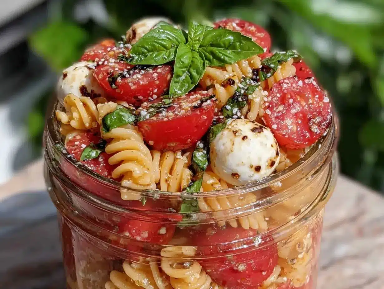 fresh caprese pasta salad jar meal prep preparation steps