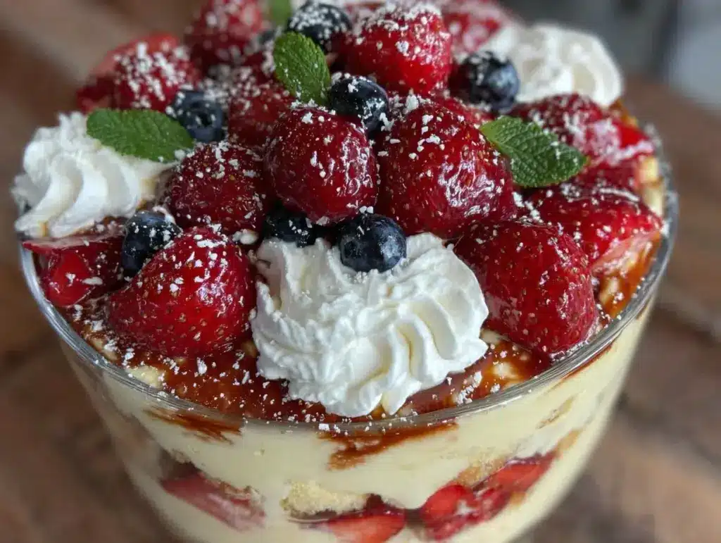fresh red white and blue berry trifle recipe - featured image