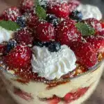 fresh red white and blue berry trifle recipe - featured image