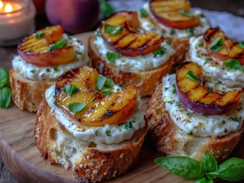 grilled peach and burrata crostini - featured image