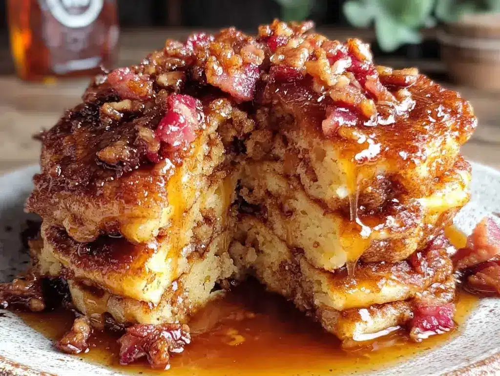 maple bacon cinnamon roll pancake bake - featured image