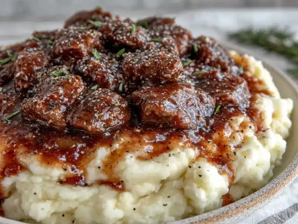 slow cooker beef tips and gravy - featured image