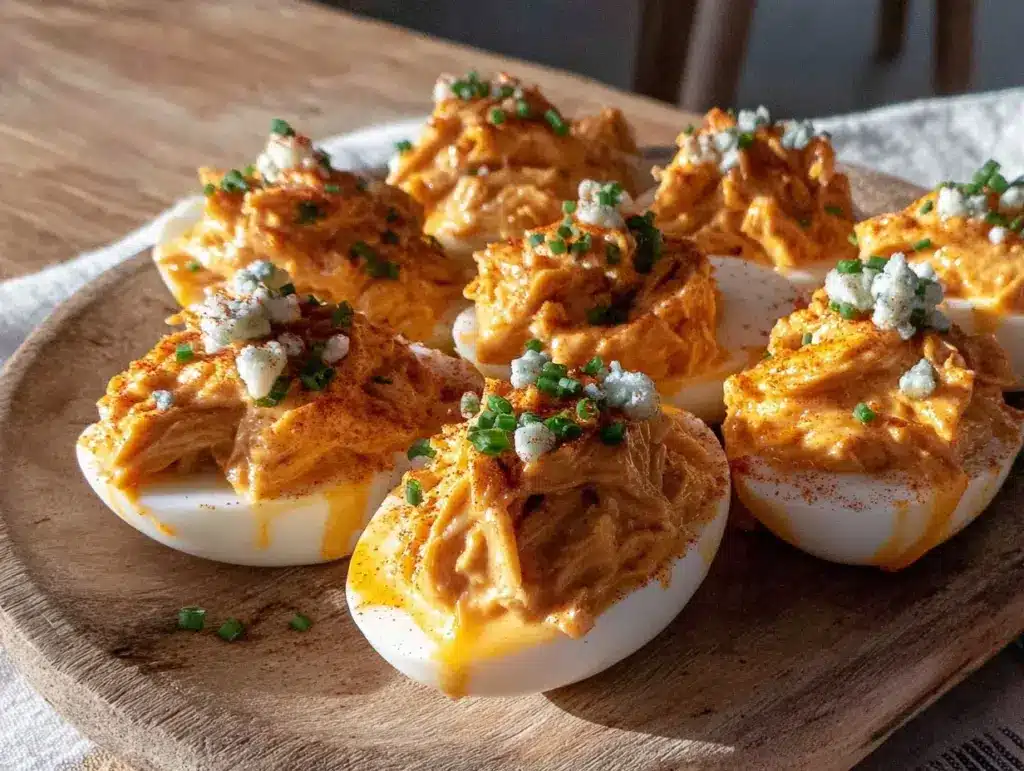 spicy buffalo chicken deviled eggs - featured image