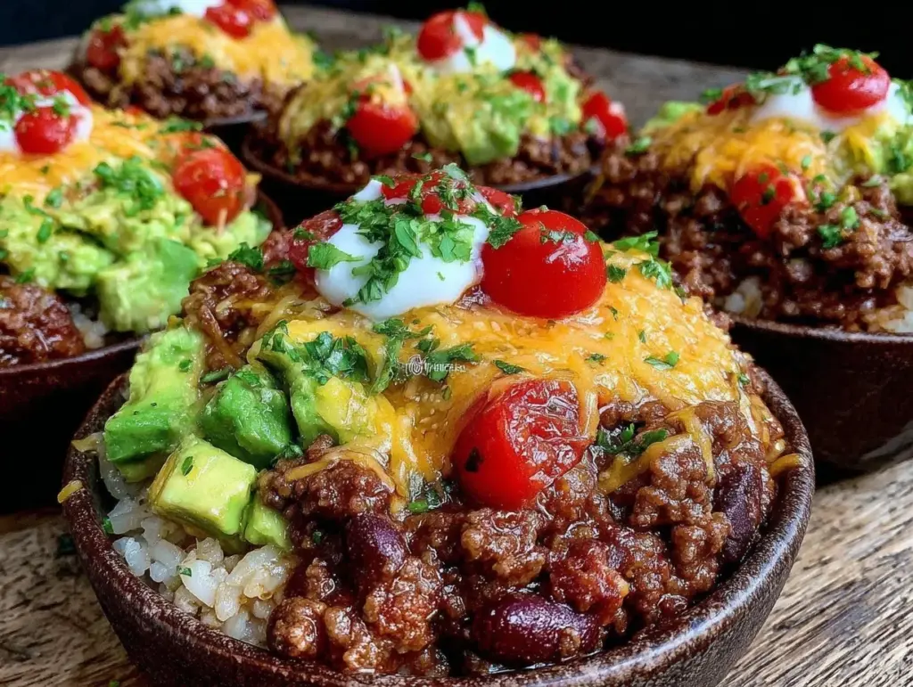 beef and bean burrito bowls - featured image
