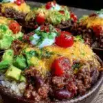 beef and bean burrito bowls - featured image