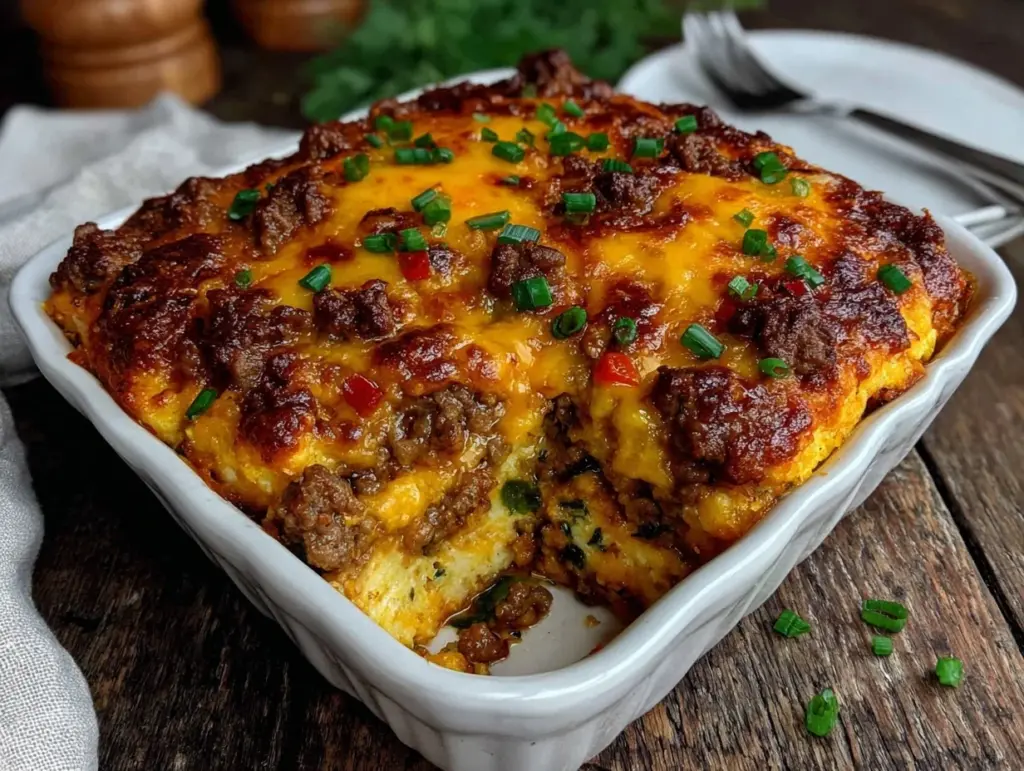 cheesy low-carb bunless burger casserole - featured image