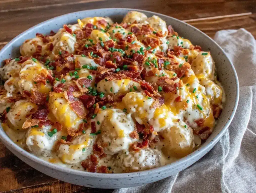 creamy crockpot loaded potato soup with bacon - featured image