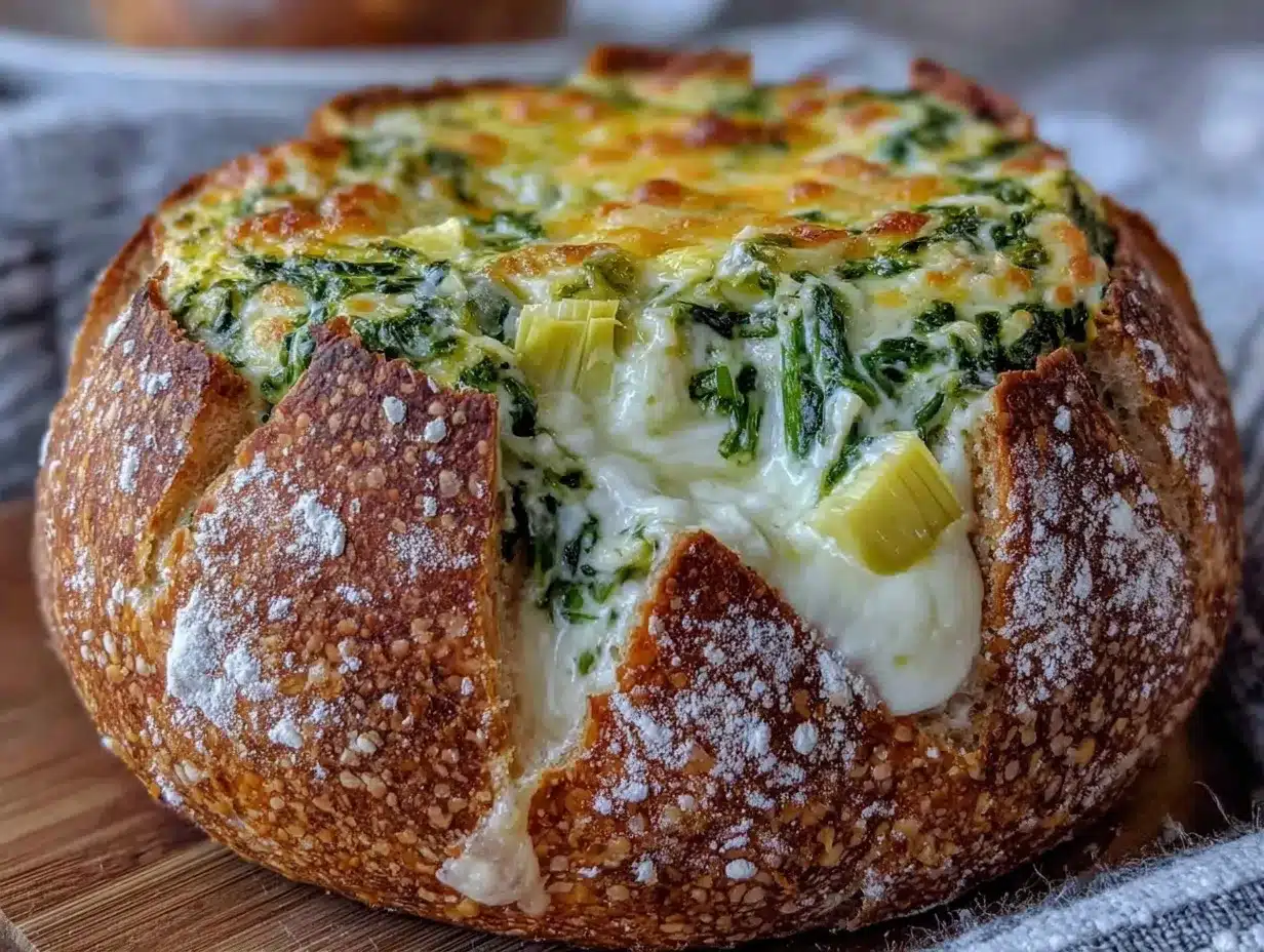 creamy spinach artichoke dip bread bowl preparation steps