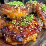 crispy honey garlic sesame chicken thighs - featured image