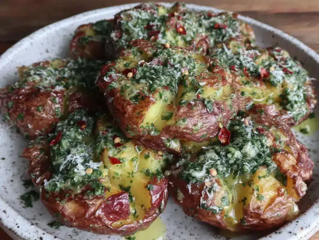 crispy smashed potatoes with garlic chimichurri - featured image