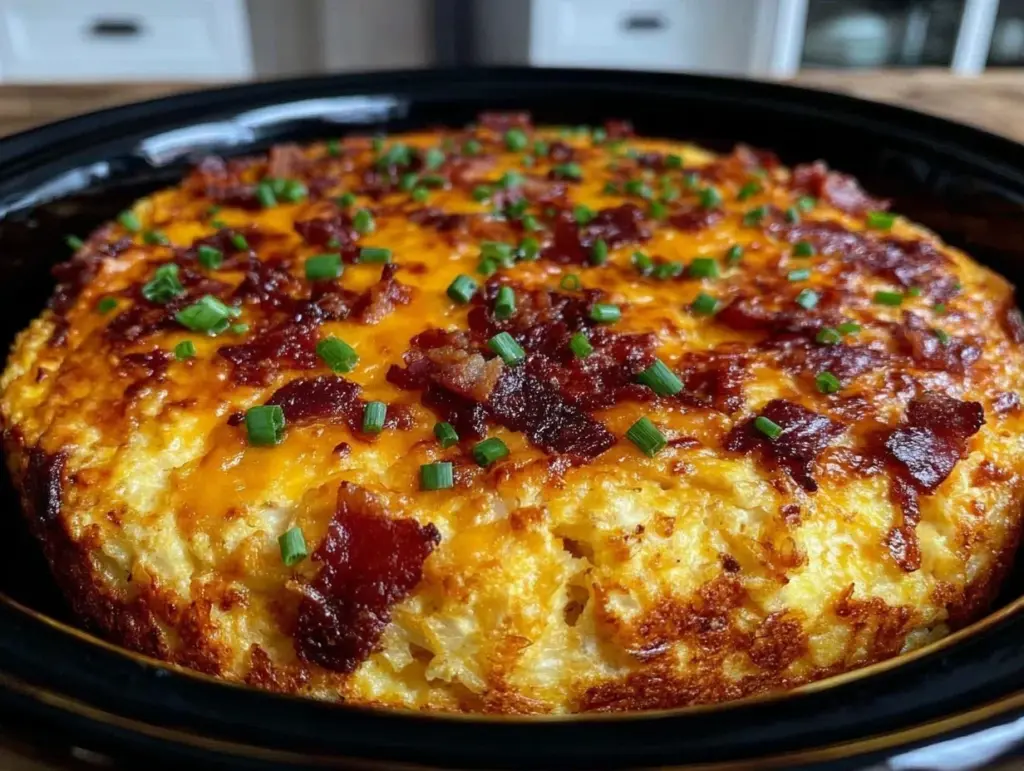 easy cheesy crockpot hashbrown breakfast casserole - featured image