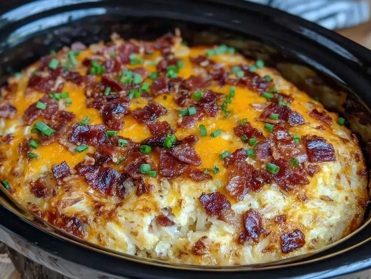 easy cheesy crockpot hashbrown breakfast casserole preparation steps
