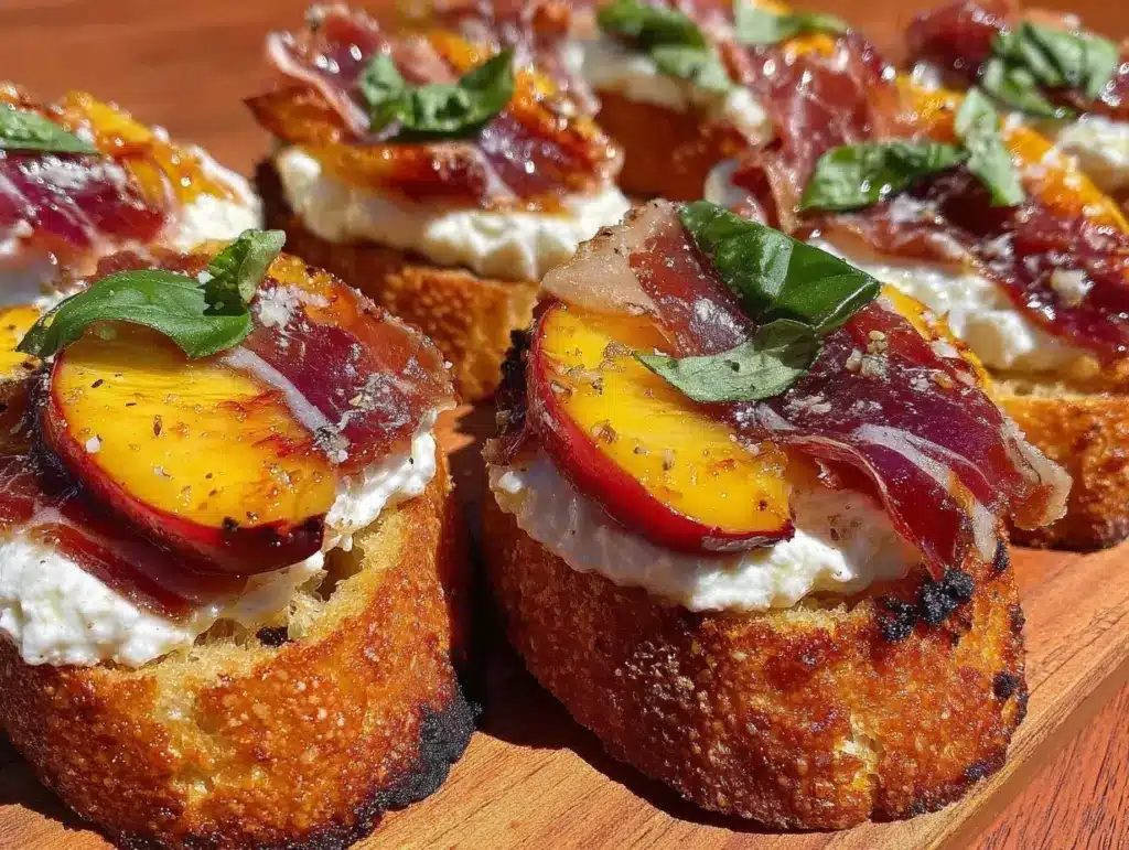 grilled peach and prosciutto bruschetta - featured image