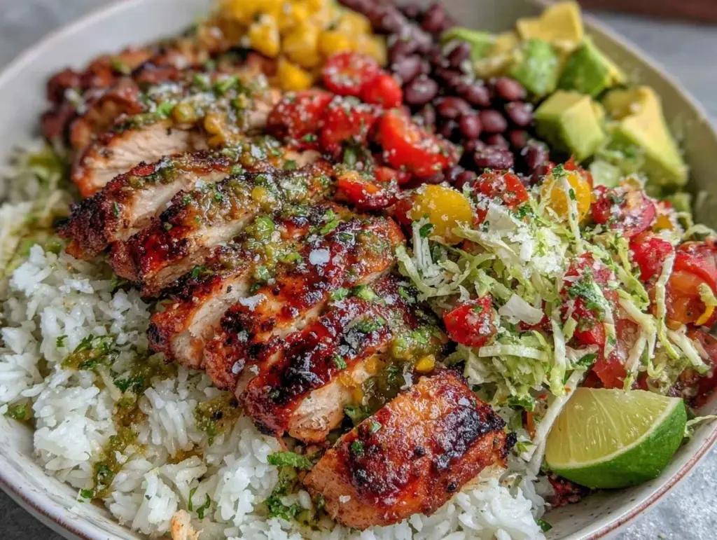 healthy high-protein chicken burrito bowl - featured image