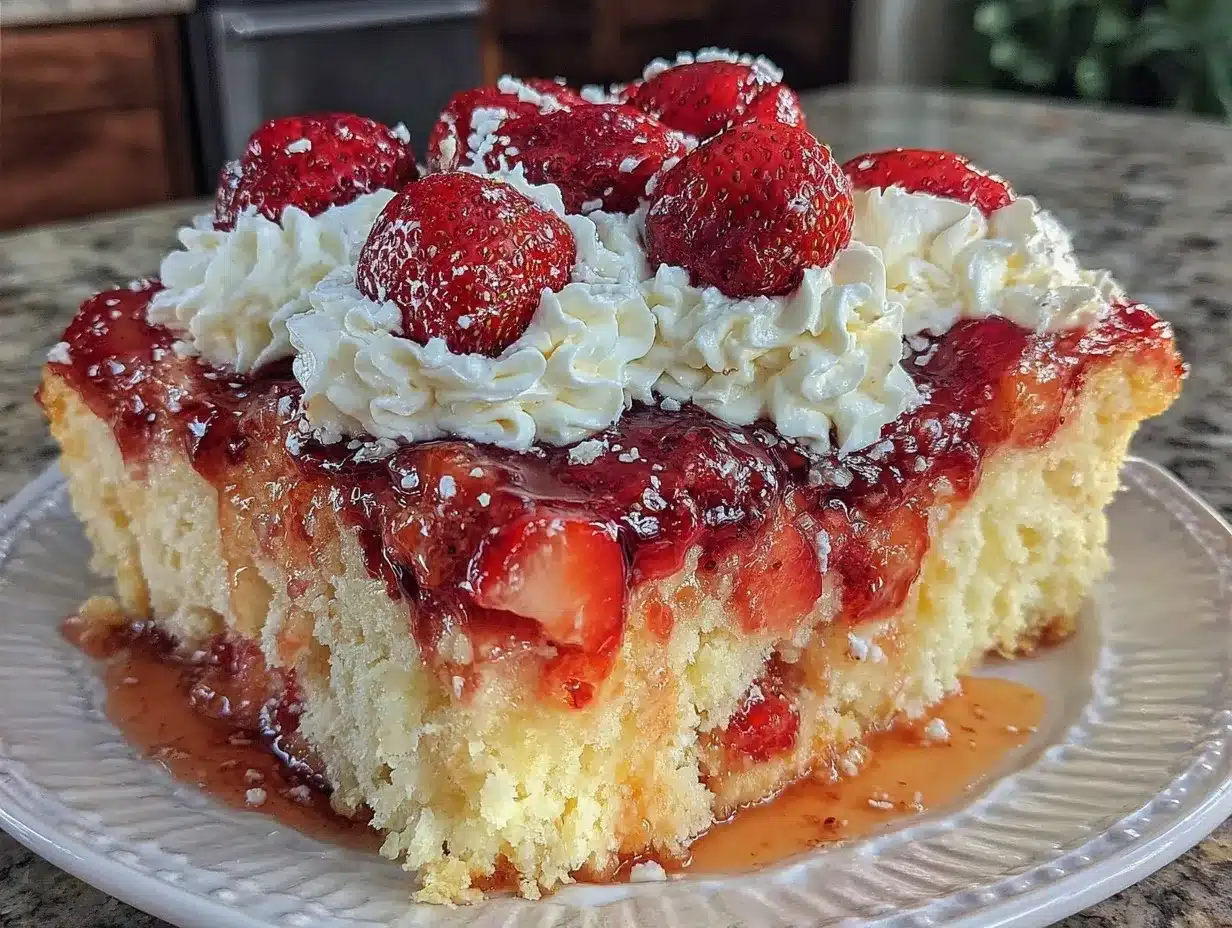 Jello poke cake with strawberries and Cool Whip preparation steps