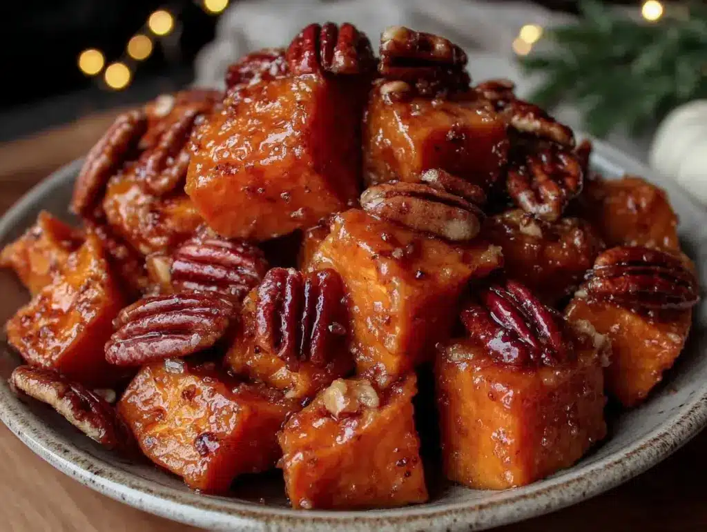 maple roasted sweet potatoes with pecans - featured image