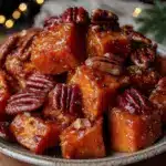 maple roasted sweet potatoes with pecans - featured image