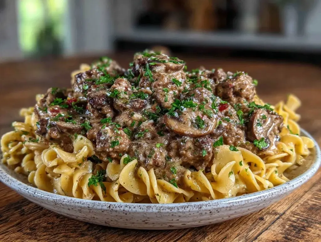 quick creamy hamburger stroganoff - featured image