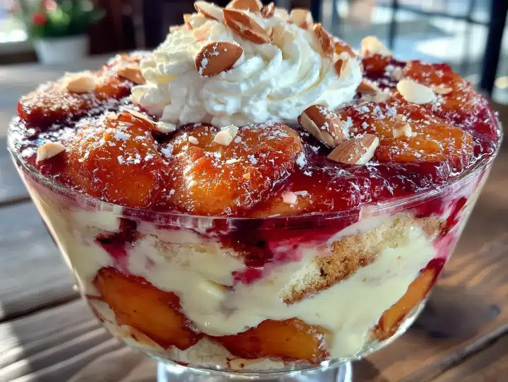 creamy peach melba trifle - featured image